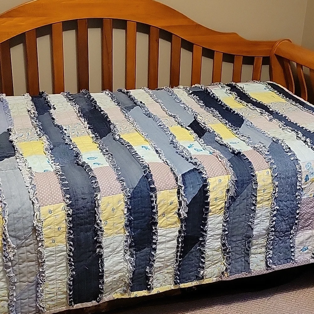 Upcyclef Twin Rag Quilt hand crafted with Denim Jeans Blue Yellow &  Gray Fabric